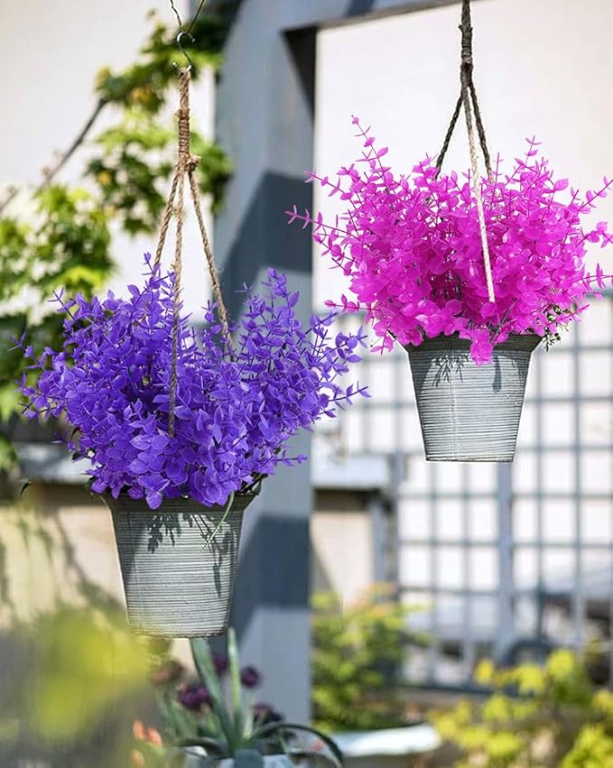RECUTMS Artificial Plants Outdoor Artificial Ferns for Outdoors Purple Plants Outside Plastic Flowers for Outdoors Purple Outdoor Artificial Boxwood Fake Plants for Window Box(Pure Purple Eucalyptus)