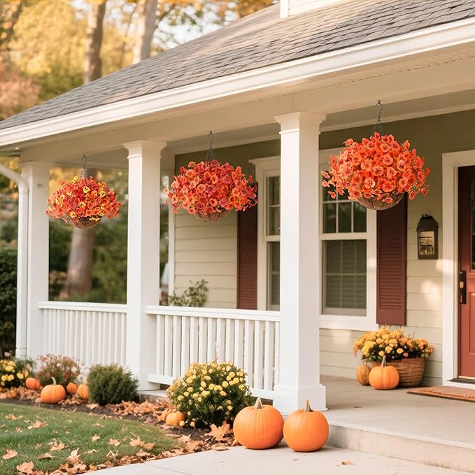 Artificial Fall Flowers for Outdoor, 12 Bundles Faux Pansy Fake Mums Flowers Plants Outdoor Fall Decor, UV Resistant No Fade Silk Flower for Autumn Porch Planter Patio Windowbox Yard Garden(Orange)