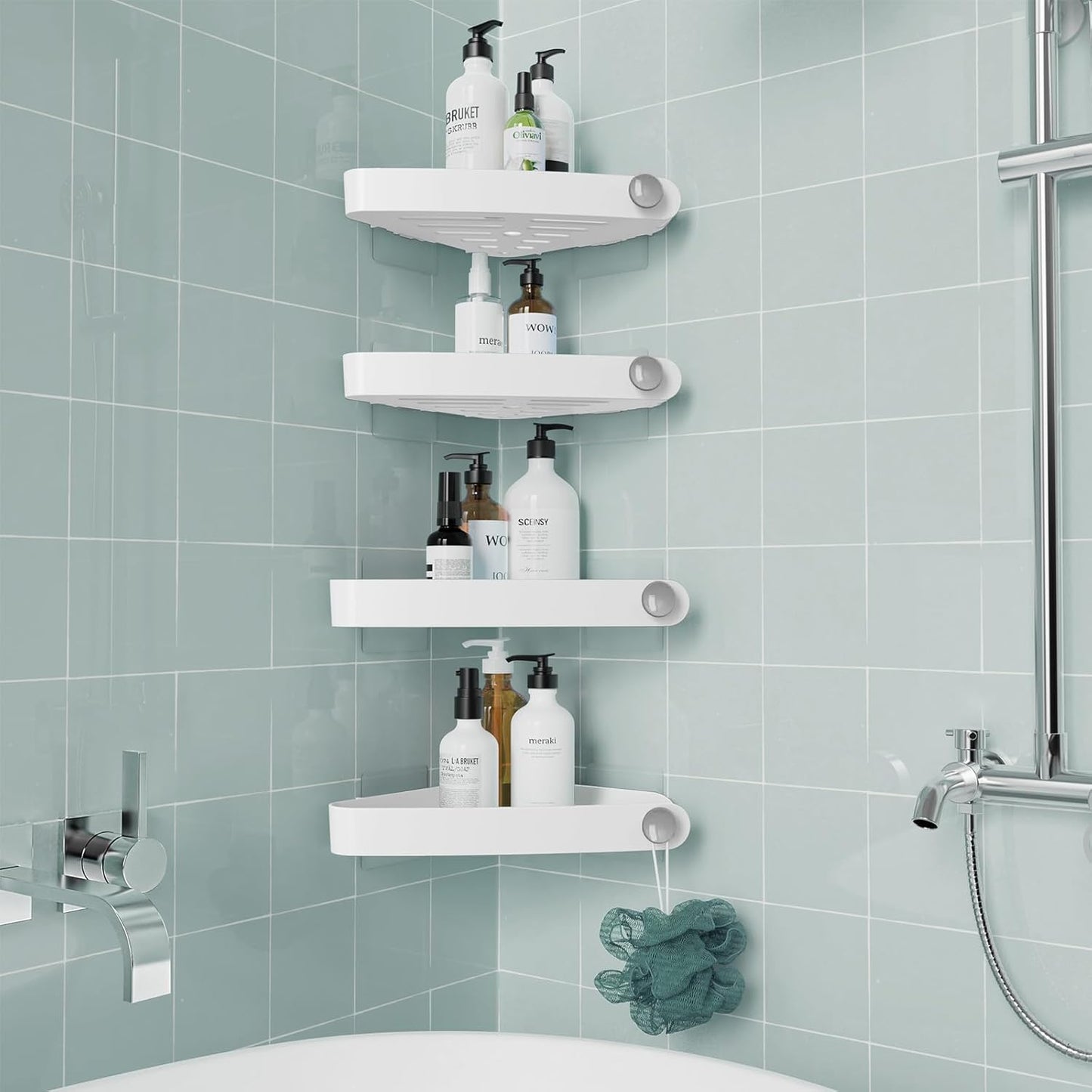 Sotfamily Shower Caddy Corner, 4 Pack Adhesive Corner Shower Shelves for Bathroom Organizers and Storage, Rust Free Plastic Rack for Bathroom Accessories & Decor, White