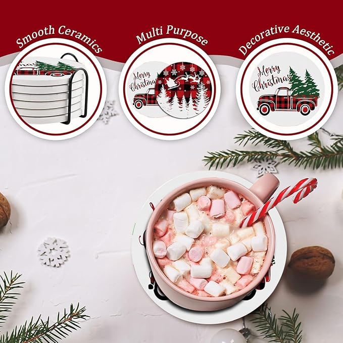 Christmas Absorbent Coasters with Holder Set of 6, Ceramic Stone with Cork Base, Red Buffalo Plaid Design Coaster for Drinks, Gift for Housewarming Room Bar Home Decor Kitchen