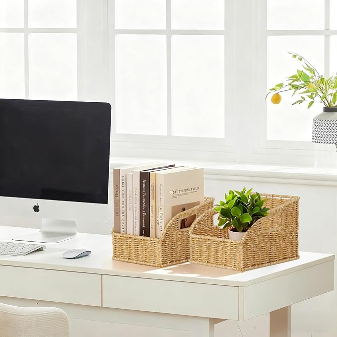 Wicker Baskets for Organizing,Pantry, Kitchen Counter with Handles, Handwoven Woven Storage Baskets for Fruit, Bread, Vegetable, Waterproof Plastic Storage Bins for Shelves, 3 Pack, Natural