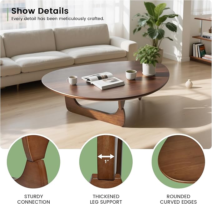 Solid Wooden Modern Triangle Coffee Table: Unique Funky Coffee Tables for Living Room, Oval Mid-Century Irregular Abstract Tea Tables for Patio Office Balcony Bedroom (Walnut, 50" L x 31" W x 16" H)