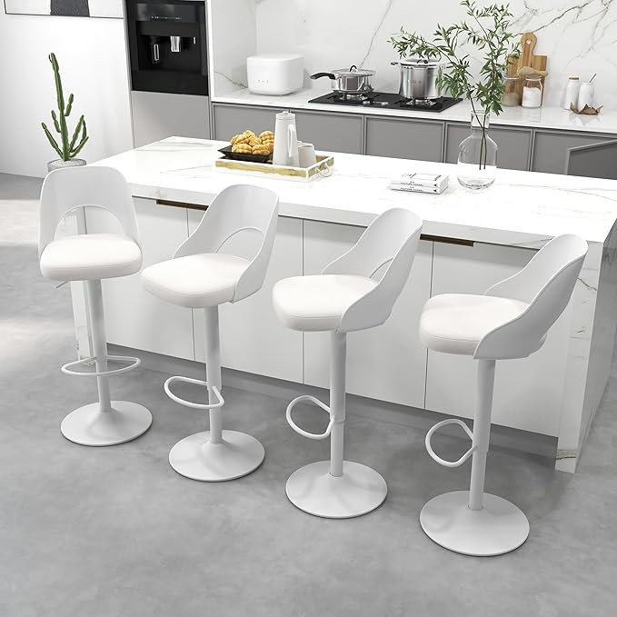 civama Bar Stools Set of 3 for Kitchen Counter, Seat Height Adjustable 25''-33'', Modern Upholstered Swivel Island Chairs with Hollow Backrest Metal Base, White Cotton Linen Fabric with White Base