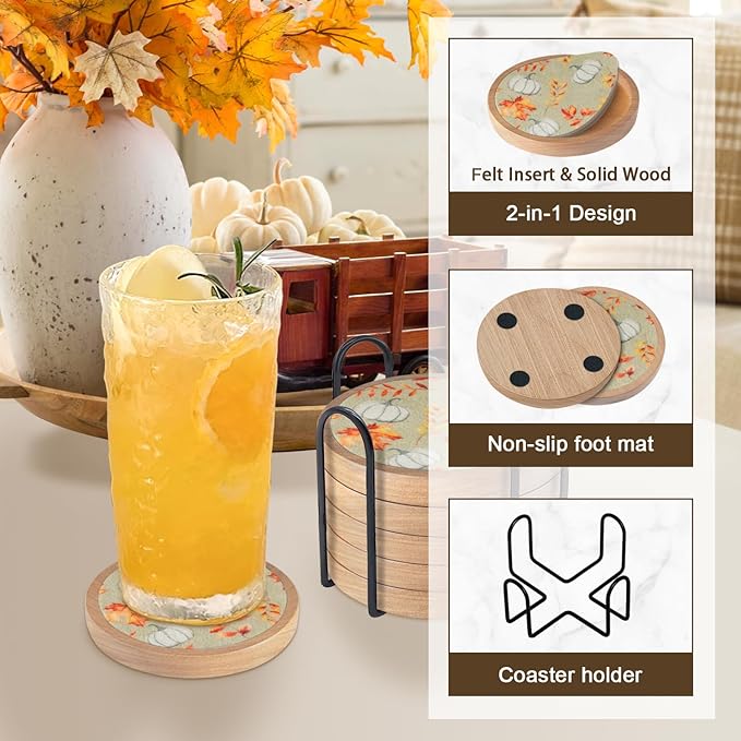 Pumpkins Coaster Set of 6 Cewiru Halloween Coasters for Drinks Absorbent Cup Mats for Table Protection Unique Fall Round Coasters for Coffee Table Kitchen Decor 4.3"