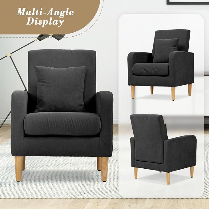 Athena Collection Modern Accent Chair with Cushion, Comfy Upholstered Fabric Reading Chair for Adult, Soft Sofa Armchair for Living Room, Bedroom, Dorm, Black