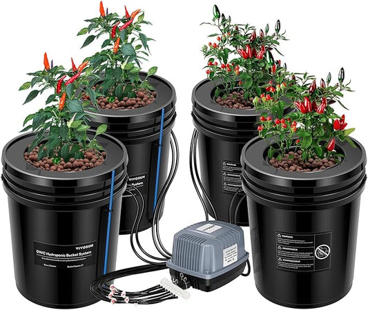 VIVOSUN DWC Hydroponics Grow System with Top Drip Kit, 5-Gallon Deep Water Culture, Recirculating Drip Garden System with Multi-Purpose Air Hose, Air Pump, and Air Stone (4 Buckets + Top Drip Kit)