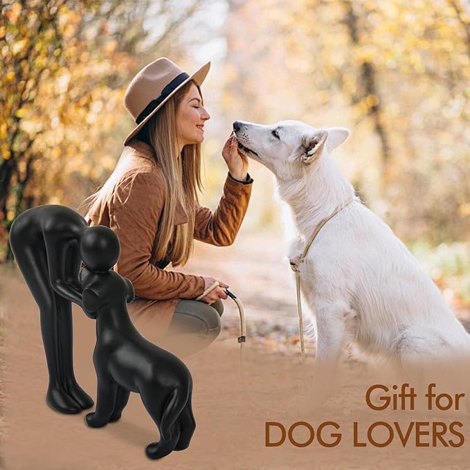 Dog Sculpture Home Decor Cute Man and Dog Statue Decoration for Office、Living Room、Bedroom、Home， Memory Gifts for Pet Lovers (Black)