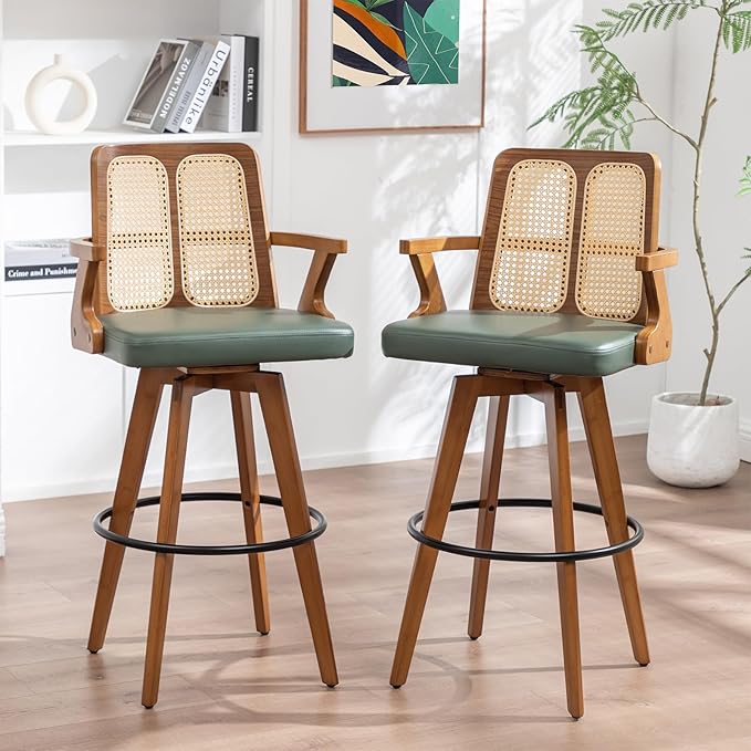 Bar Stools Set of 2-30 inch Swivel Rattan bar Stools with Cane Back, Curved Arms, Upholstered Seat, Adjustable Bamboo Legs, Kitchen BarStools for Bar/Pub/Island/Cafe (30" Seat Height, Green)