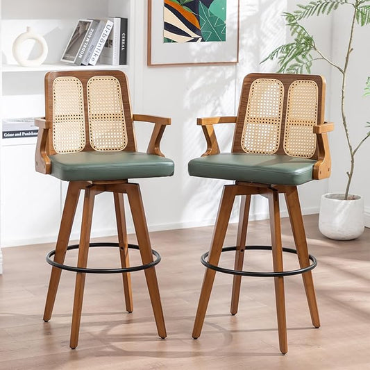 Bar Stools Set of 2-30 inch Swivel Rattan bar Stools with Cane Back, Curved Arms, Upholstered Seat, Adjustable Bamboo Legs, Kitchen BarStools for Bar/Pub/Island/Cafe (30" Seat Height, Green)