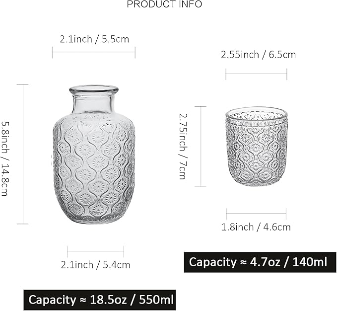 Vintage Bedside Water Carafe and Glass Set for Bedroom Nightstand, Bedside, Ticked Glass Mouthwash Decanter for Bathroom, Water Pitcher Set 18.5 oz