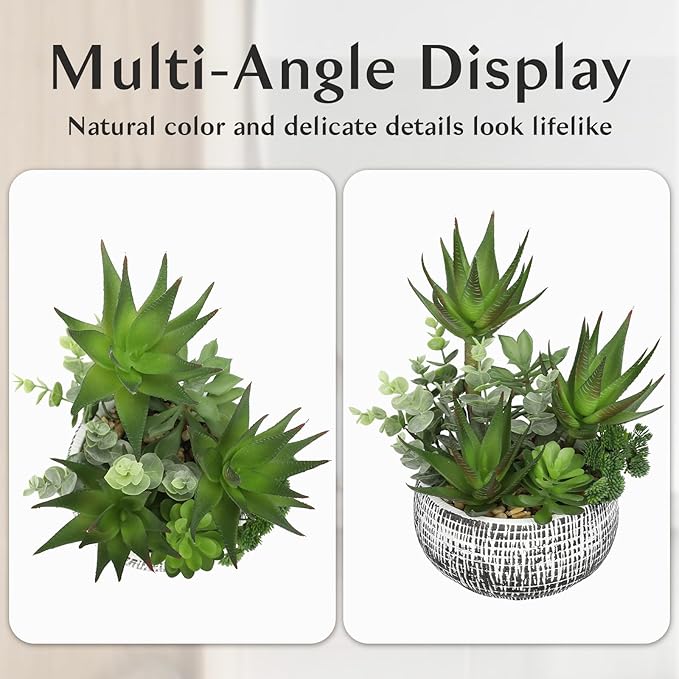 11” Large Succulents Aloe Plants Artificial in Ceramic Pots Potted Faux Succulent Eucalyptus Arrangement with Black Bowl Pots Fake Desk Succulents Plants for Home Bathroom Shelf Table Indoor Decor