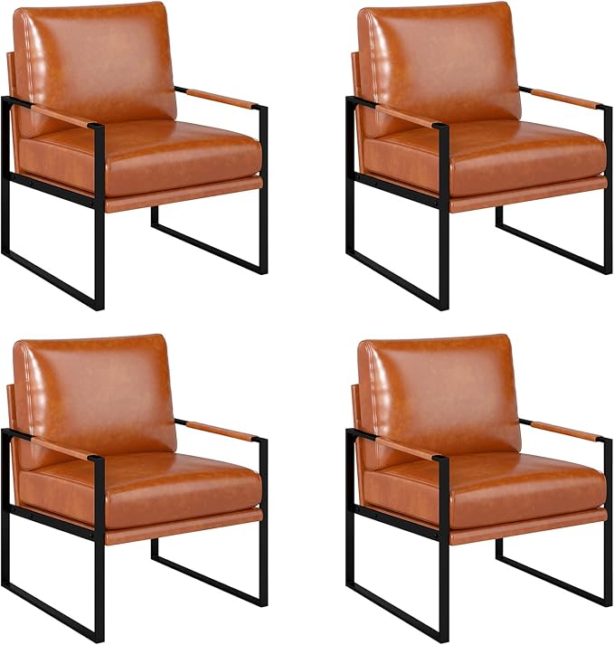 Phoenix Home Mid Century Modern Faux Leather Accent Chair Set of 4, Metal Framed Armchair with Extra Soft Removable Seat Cushion & Backrest for Living Room Bedroom Waiting Room, Easy to Clean, Brown