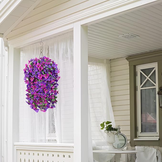 2 pcs Artificial Faux Bougainvillea Flowers Plants for Outdoor Outside Summer Decoration, Fake Silk UV Resistant Long Trailing Vines for Front Door Porch Planter Balcony, Deep Purple Deep Lotus