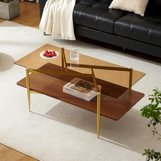 Rectangle Coffee Table, Mid-Century Modern Design, L41*W21*H17 inch, for Living Room, Amber Glass Top and Walnut Finish Wood Shelf, Conical Metal Legs with Gold Finish