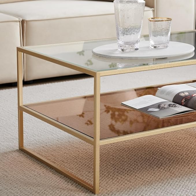 Shrine Glass Coffee Table, Dual-Layer Glass Coffee Table for The Living Room, Gold-Plated Metal Frame, Golden Hardware, Lower Tier with Tinted Glass