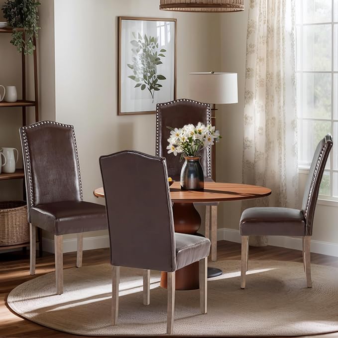 Stylish Upholstered Parsons Dining Chair PU Faux Leather with Silver Nailhead Trim and Sturdy Solid Wood Legs
