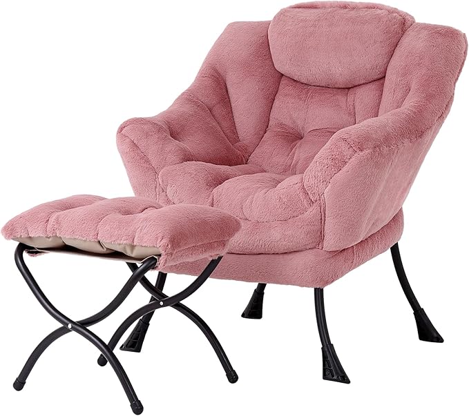 Welnow Lazy Chair with Ottoman, Modern Lounge Accent Chair with Armrests and a Side Pocket, Leisure Sofa Armchair Set, Reading Armchair with Footrest for Small Space, Plush Dark Pink