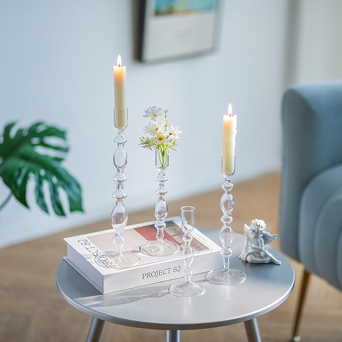 Glasseam Glass Candle Holders for Candlesticks: 4 Pcs Clear Taper Candle Holders Modern Tall Candle Stick Holder for Table Centerpiece Party Dining Room Home Decor Wedding