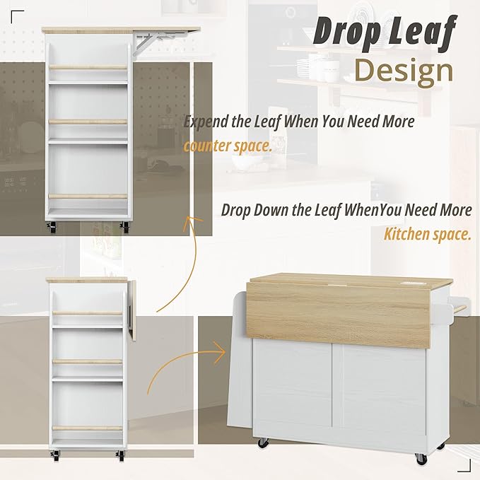 IRONCK Kitchen Island Table with Storage, Rolling Kitchen Cart with Power Outlet, Storage Cabinets on Wheels with Drop Leaf, Portable for Dining Room, White