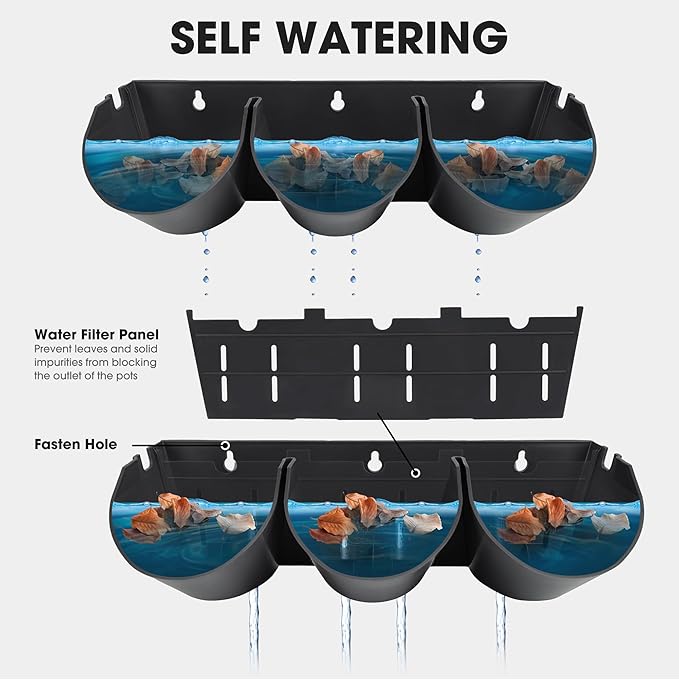 Worth Garden Upgraded 12 Sets (36-Pocket) Self Watering Stackable Vertical Planters - Wall Mounted Plastic Plant Grow Pots fr Strawberries Flowers Herbs - Indoor Outdoor Green Wall Decoration (Black)