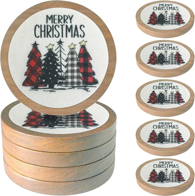 Christmas Tree Coasters for Drinks, Minacun Absorbent Coaster Set of 5, White Elephant Gifts, Secret Santa Gifts, Xmas Decor, Drinks Coasters for Coffee Tabletop Protection, 4.3 Inches