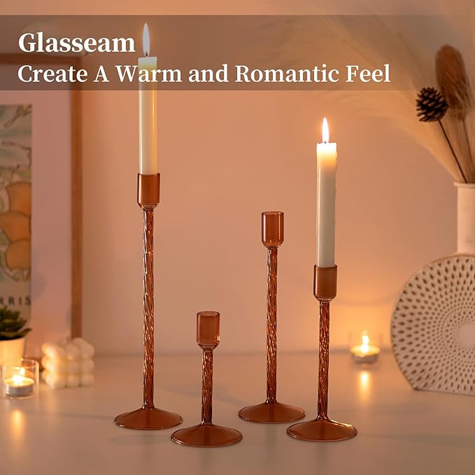 Glasseam Glass Candle Holder Brown: Fall Candle Holders Set of 4 Tall Candle Stick Candle Holder for Tapered Candles Decorative Candle Holders for Table Centerpiece Halloween Thanksgiving Decorations