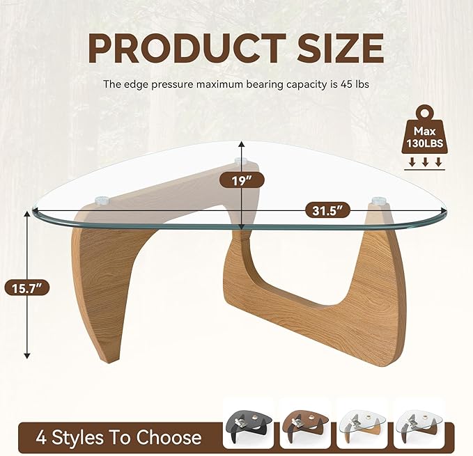Modern Glass Coffee Table, Triangle Center Table with Tempered Glass Top& Unique Wooden Base, 31.5” Mid Century Tea Tables for Living Room, Apartment, Office,Wood &Transparent