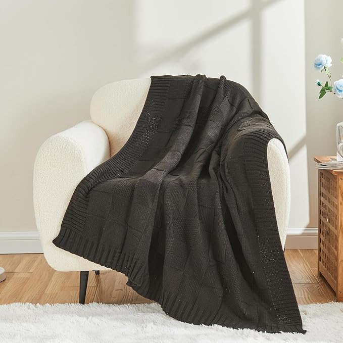 CozeCube Check Knit Throw Blanket, Jet Black Checkered Throw for Couch, Decorative Christmas Soft Cozy Warm Knitted Blanket for Bed Sofa Living Room, 60"X80"
