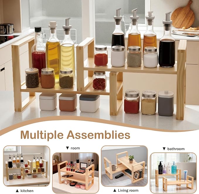 Desk Shelves Desktop Organizer Shelf-No Tools Assembly Interlocking Joints for Enhanced Stability Holds 130lbs for Desk Organizers and Bookshelf Table Top Shelving in Office--Pine Nature Wood Color