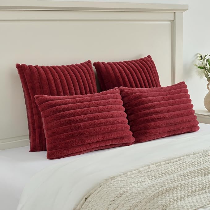 FUTEI Burgundy Striped Decorative Throw Pillow Covers 22x22 Inch Set of 2,Wine Red Square Fall Decorations Couch Pillow Case,Soft Cozy Faux Rabbit Fur & Velvet Back,Modern Home Decor for Bed