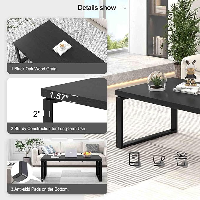 EXCEFUR Black Coffee Table, Modern Rustic Center Table for Living Room, Industrial Rectangle Cocktail Tea Table for Home Office, 47 Inch