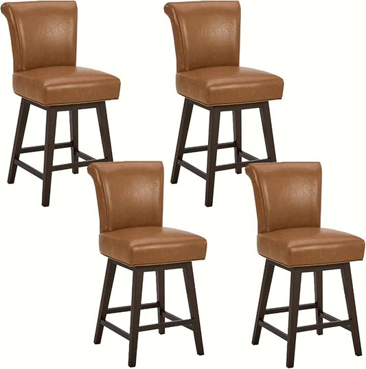 CHITA 26 Inch Counter Height Swivel Bar Stools Set of 4, FSC Certified Modern Upholstered Faux Leather Swivel Barstool Chair with Back, Saddle Brown