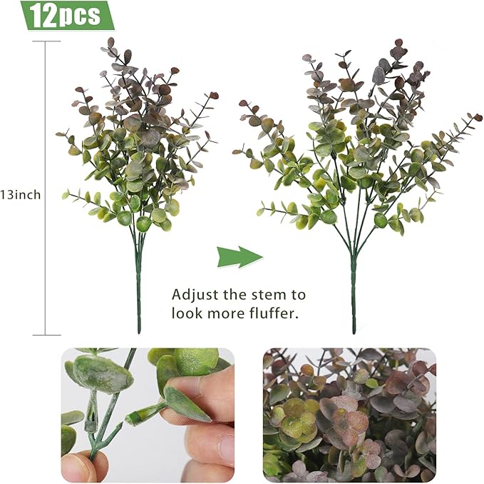 RECUTMS 12 Bundles Fake Bushes Artificial Plants Outdoor Faux Plant Eucalyptus Stems Fake Porch Plants for Farmhouse Bathroom Office Vase Centerpiece Indoor Outdoor Decor(Dusty Purple)