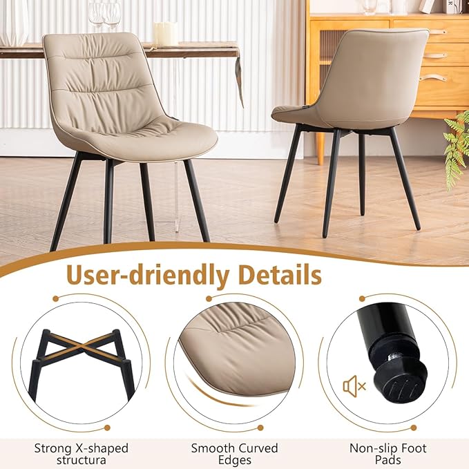Kidol & Shellder Dining Chairs Set of 2, Modern Upholstered Faux Leather Kitchen Side Chairs with Comfortable Back - Mid-Century Armless Chair for Dining Living Room Bedrooms, with Metal Legs (Khaki)