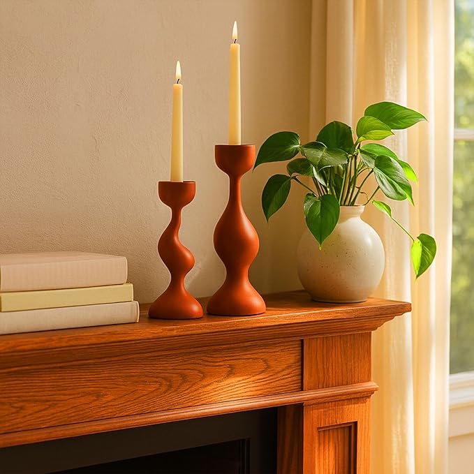 Smtyle Modern Orange Tapered Candlestick Holders Taper Candle Holders Minimalist Candle Stand Set of 2 for Dining Table, Mantel, Home, Gift or Wedding Decor
