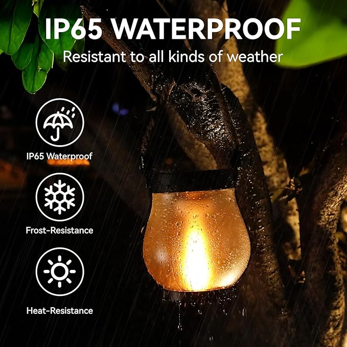 Solar Lanterns Outdoor Waterproof, 2 Pack Dancing Flame Solar Lantern Outdoor Lights, USB/Solar Powered Hanging Outdoor Lanterns Decorative for Outside Porch Yard Garden Patio Decor