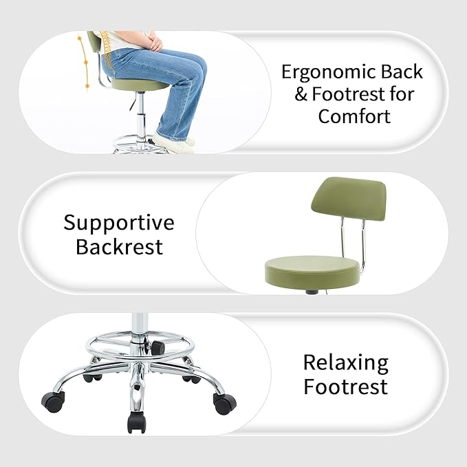 Drafting Chair (Work Stool with Back)(Swivel Shop Stool 19.5"-26.6") Adjustable Height and Footrest Ergonomic Office Chair (Green)