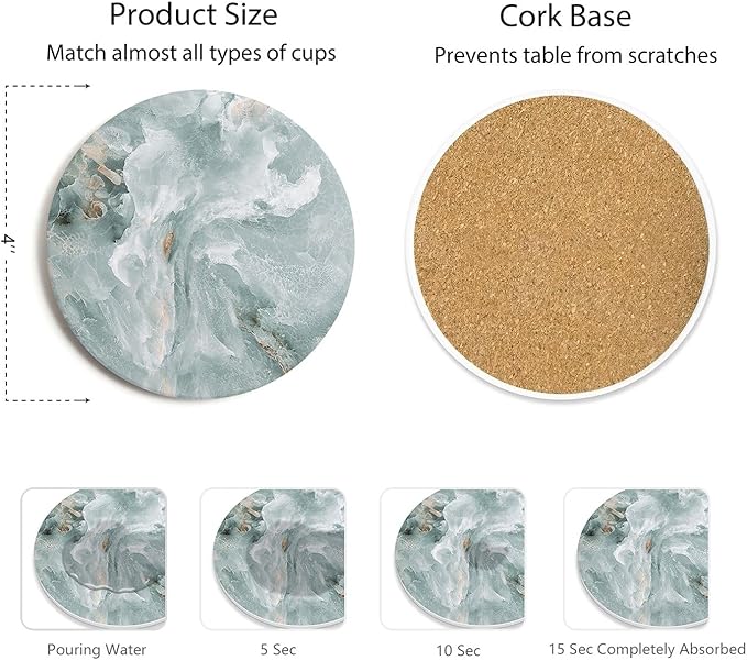 Set of 6 Abstract Marble Coasters with Holder, Absorbent Ceramic Coasters for Drinks, Coasters with Cork Backing for Table Protection, Housewarming Gifts for New Home