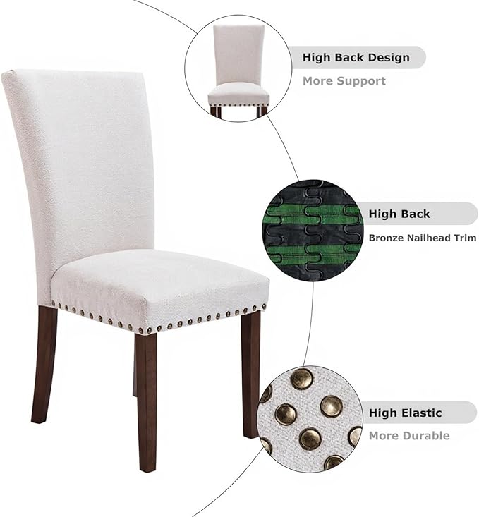 Set of 6 Beige Upholstered Dining Chairs – Farmhouse Kitchen Chairs with High Back, Solid Rubberwood Legs, Padded Foam Seat & Bronze Nailhead Trim, Comfortable Dining Room Chairs for Home