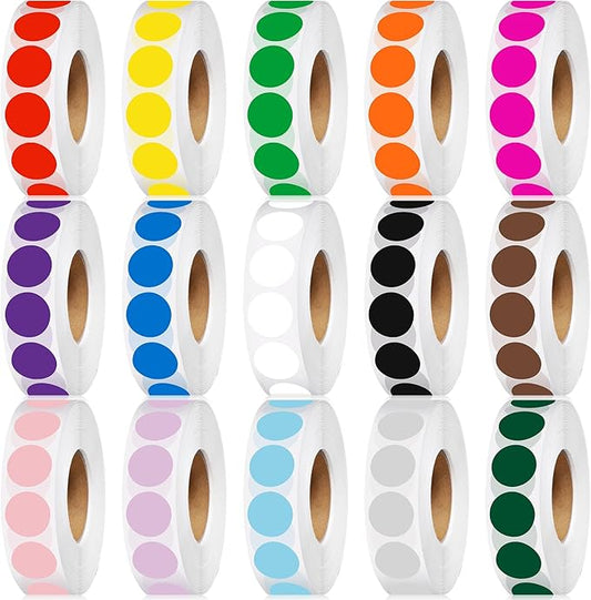 22500 Pcs 3/4 in Round Color Coding Labels Roll Adhesive Solid Colors Dot Stickers Assorted Colored Circle Dot Label for Back to School Inventory Organize File Classification, 15 Colors