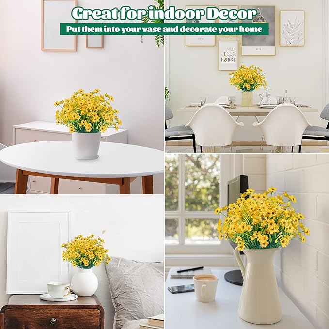 Lnoicy 12 Pcs Artificial Flowers for Outdoor,Plastic Flowers Decoration, UV Resistant Faux Flowers Shrubs, Artificial Plants for Indoor Outside Garden Home Wedding Farmhouse(Yellow)