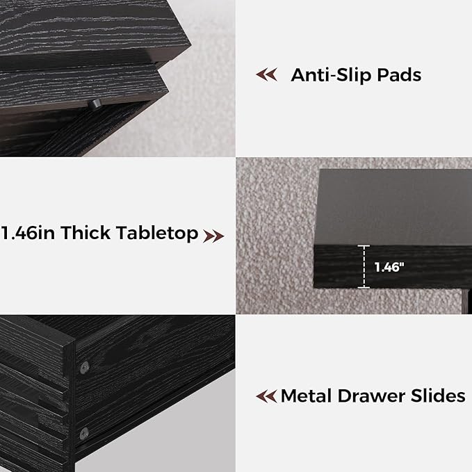 IRONCK Coffee Table with LED Light and Charging Station, 4 Storage Drawers with Grille Design, Square Coffee Table for Living Room Office Reception Room (Black)