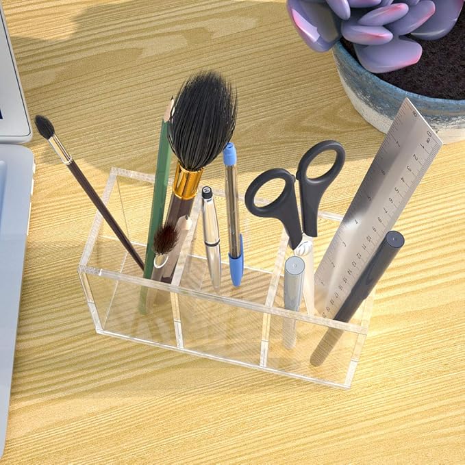 NIUBEE Acrylic Pen Holder 3 Compartments, Clear Pencil Organizer Cup for Countertop Desk Accessory Storage