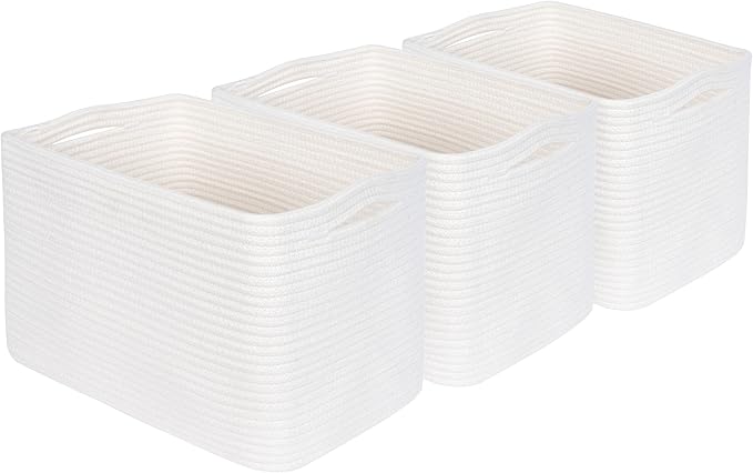 MINTWOOD Design 3-Pack Storage Baskets for Shelves, Playroom and Classroom, Book Basket, Decorative Cube Bins, Woven Closet Organizers, Baby Nursery Baskets, Creamy White