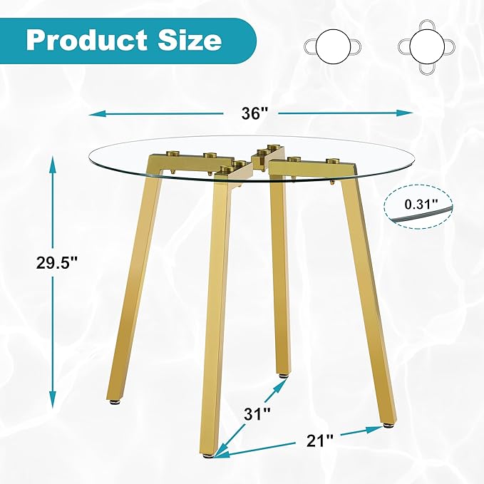 Round Dining Table for 4 Modern 36" Round Glass Dining Table Kitchen Table with Glass Tabletop and Metal Legs for Dining Room and Kitchen, Gold