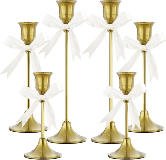 FSyueyun Brass Candlestick Holders Set of 6, Elegant Metal Candlestick Holders for Vintage Taper Candle Holders, Perfect for Table Centerpieces, Fireplace, Home Decor, Weddings and Party Decorations
