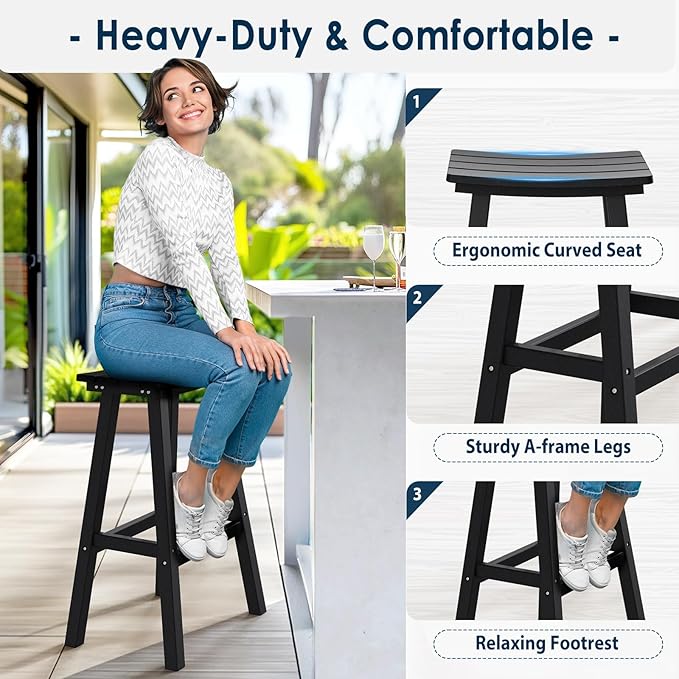 nalone 29 Inch Outdoor Bar Stool, HDPE Bar Chairs with Footrest, Weather Resistant Waterproof Bar Stools Outside Bar Height Stools for Bar, Kitchen Counter, Yard, Balcony(Black, 29'' Barstools)