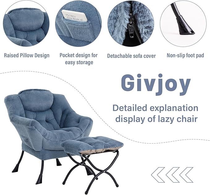 Cozy Lazy Chair and Ottoman, Large Contemporary Accent Lounge Chair Set, Leisure Upholstered Reading Armchair for Bedroom, Living Room, Dorm Rooms, Office