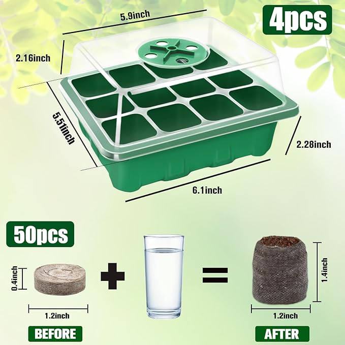 Halatool 4 Pack Seed Starter Tray with 50 PCS Peat Pellets, 48 Cells Green Seeding Starter Trays for Organic Seed Stater Soil Pods for Planting Vegetables Plants Flowers - Starting Seeds Kit