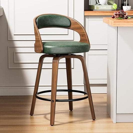 Swivel Bar Stools, 26" Upholstered Faux Leather Barstools with Bentwood Legs, Mid Century Modern Counter Height Bar Stools with Back for Kitchen Island, Dining Room, Green